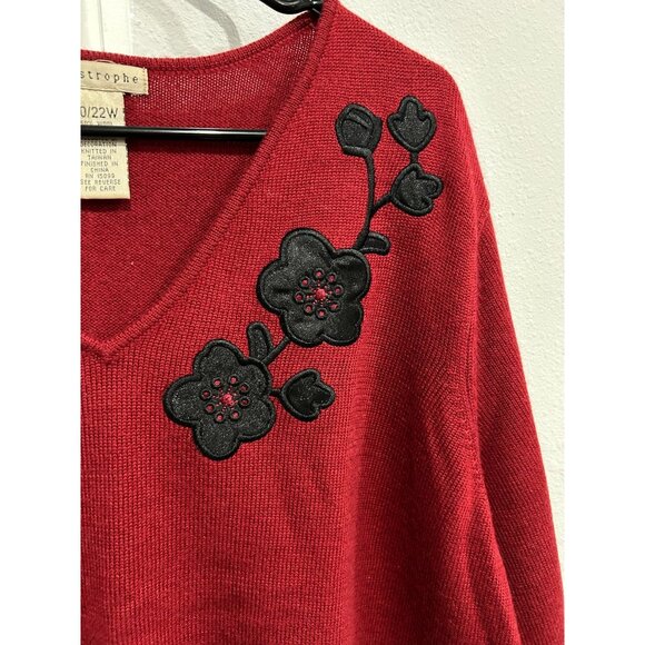 Apostrophe Red V Neck Sweater Black Floral Embroidery Size 20 - Picture 4 of 9
